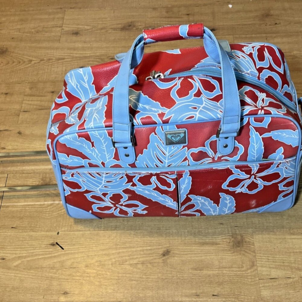 VTG Roxy Red Blue Floral Hawaiian tropical 25” Large Rolling Duffle Bag luggage - Picture 11 of 16